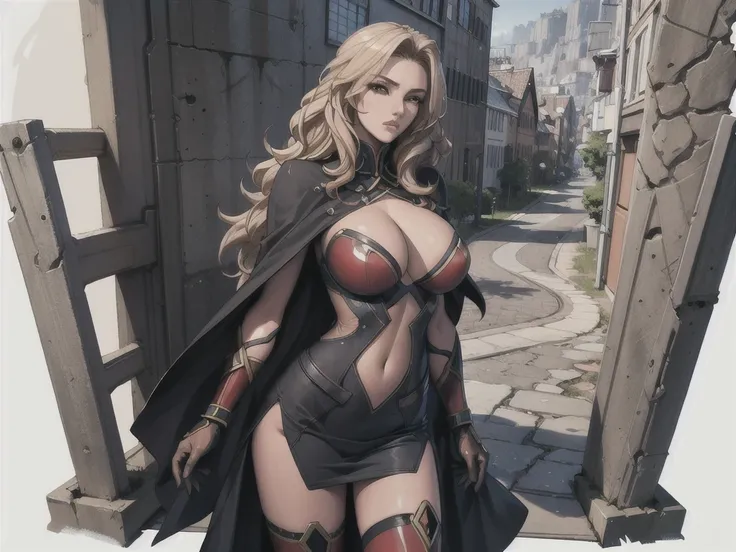 1girl,Alicia Viewsrtream, blonde hair, wavy hair, long hair, red eyes,red lips,red impossible clothes,red elbow gloves,red thigh boots,cape,incredibly absurdres,thighs,realistic,reality,hetero, best quality:1.4, intricate details, sharp focus, highres, ela...