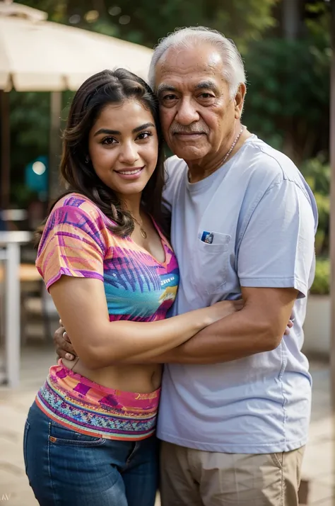 young beautiful hispanic woman with no makeup, with colorful shirt, arms around her elderly man, midday, shallow-focus, 35mm, ph...