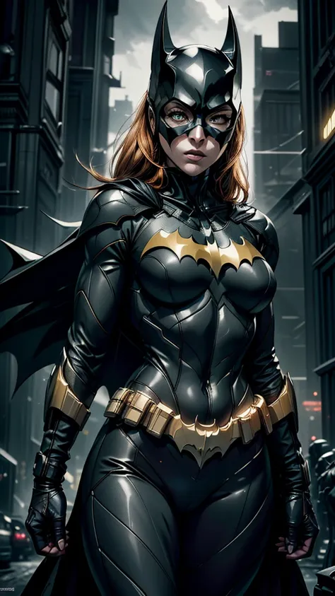 ((batgirl in a high-tech vigilante suit with batman symbol on chest, orange hair and light eyes, in a dark night of gotham city,...