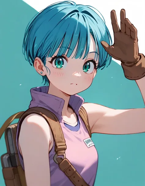 female anime character with blue hair and green eyes. she is wearing a pink and purple sleeveless top with the word \"bulma\" wr...