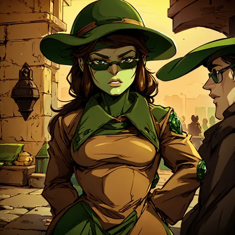 green skin woman. brown hat. brown overcoat. sunglasses. dark green long hair