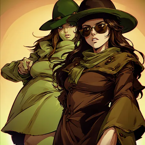 green skin woman. brown hat. brown overcoat. sunglasses. dark green long hair