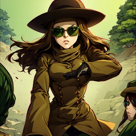 green skin woman. brown hat. brown overcoat. sunglasses. dark green long hair