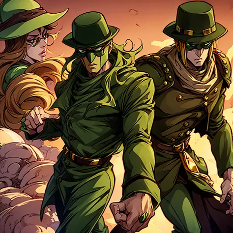 green skin woman. brown hat. brown overcoat. sunglasses. dark green long hair. jojo stand. green suit