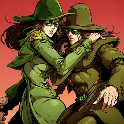 green skin woman. brown hat. brown overcoat. sunglasses. dark green long hair. jojo female stand. green suit under overcoat