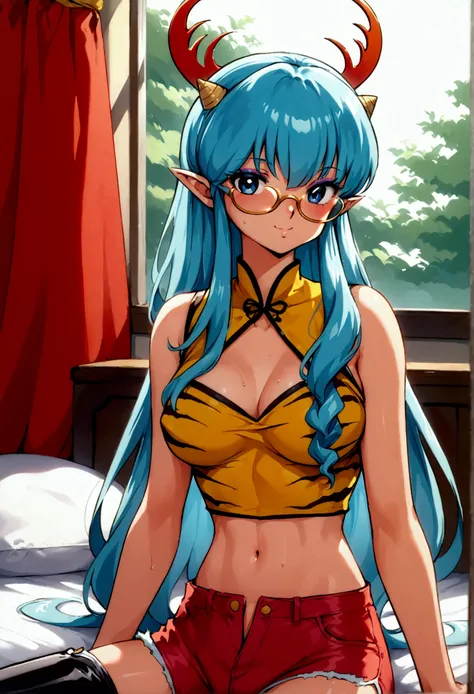 score_9, score_8_up, score_7_up, 1980's style, retro, source anime, flat color, illustration. lum, long hair, blue hair, blue ey...