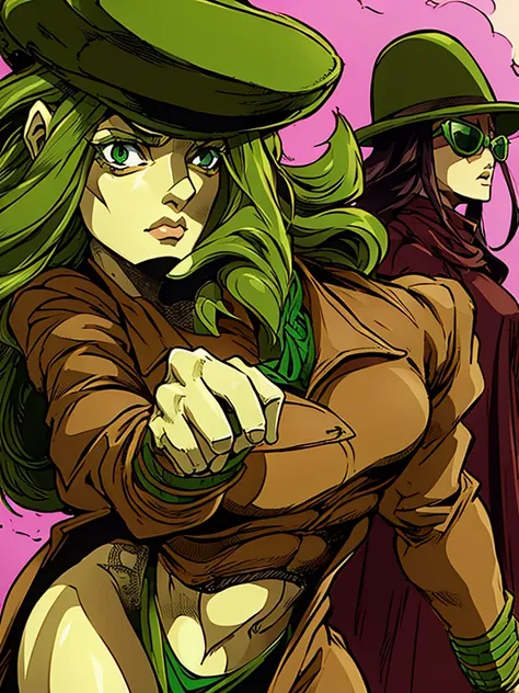 green skin woman. brown hat. brown overcoat. sunglasses. dark green long hair. jojo female stand. green suit under overcoat