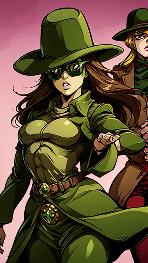 green skin woman. brown hat. brown overcoat. sunglasses. dark green long hair. jojo female stand. green suit under overcoat