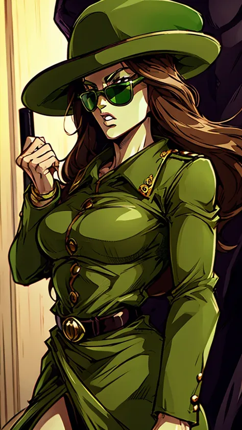 green skin woman. brown hat. brown overcoat. sunglasses. dark green long hair. jojo female stand. green suit under overcoat