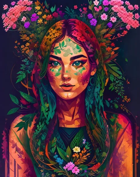 Stylized, abstract portrait of a woman with intricate, swirling patterns in various shades of red, green, and beige. The layout is a close-up of her face and upper torso, with her dark, wavy hair flowing around her shoulders. Her facial features are detail...