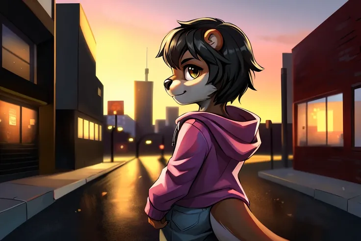 ((otter)), solo, nude, light brown fur, ((hazel eyes)), short hair, (black hair), light pink hoodie, light grey pants, standing,...