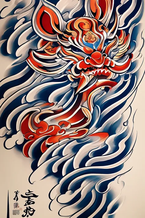 calligraphy style, a japanese tattoo, a traditional japanese tattoo, masterpiece, high quality, ultra details, a raging tiger wi...