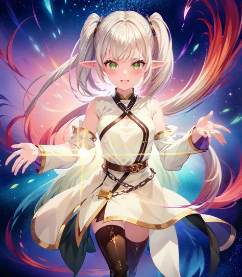 Elf Girl,White hair in twin tails、White robes and skirts、black tights、Brown boots,Green Eyes,Parted bangs,Thick eyebrows,beautiful Finger,beautiful character design, Official Art,非常に精細なCG Unity 8k壁紙, Perfect Lighting,colorful, bright_front_face_Lighting,Gl...