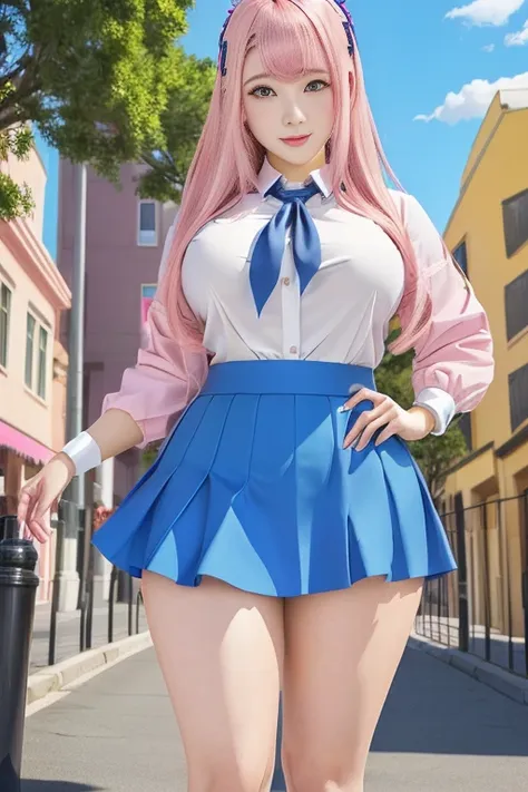 anime girl with pink hair and blue skirt posing in front of a building, , thick, hyperrealistic , a hyperrealistic , enchanting ...