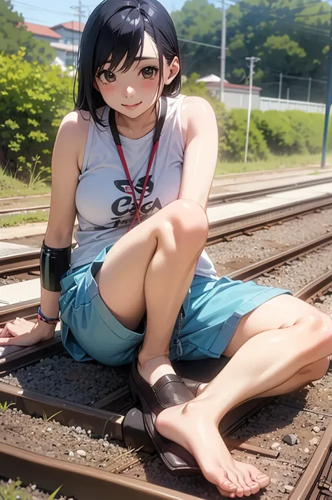 a woman is sitting on the railroad tracks with a bottle of water, photo of miwa komatsu, flicker, what it is？, kimi takemura, yo...