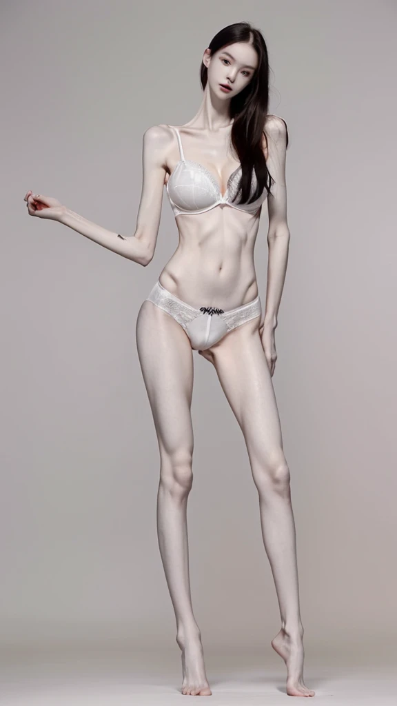 a woman, very thin body, body visible bones, very slender , sweaty weat body, pale white skin, panties, bra,tatto, full body