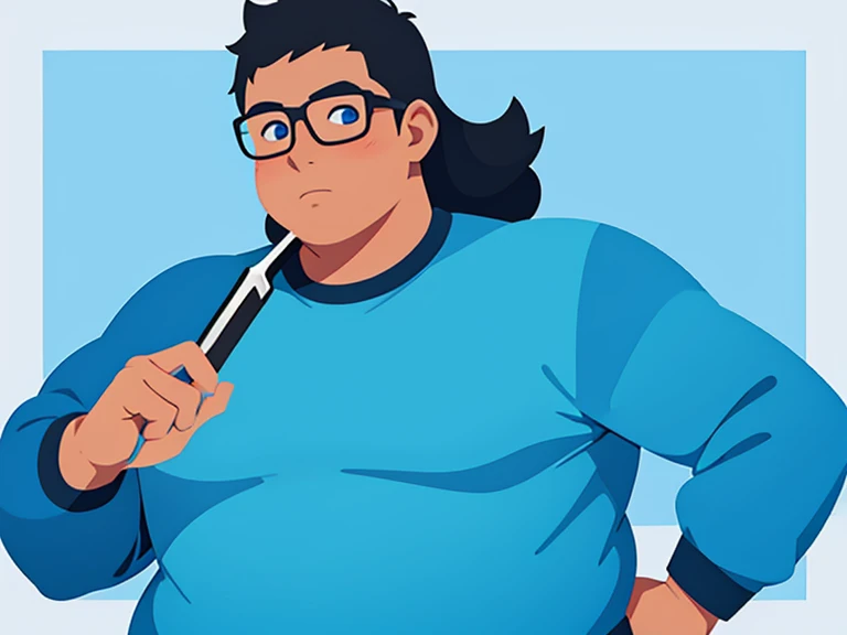 1 boy, fat feminine guy, tan skin, blue eyes, square glasses, black hair, straight hair, bright blue outfit