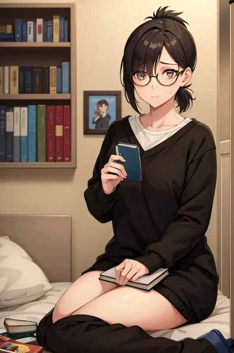 mature woman, hair over one eye, golden eyes, Tomboy, sitting on the ground, sweater, black sweatpants, looking at viewer, bed, black short hair with a ponytail, books lying around, bedroom background, round glasses, bags under eyes, tired, reading a book