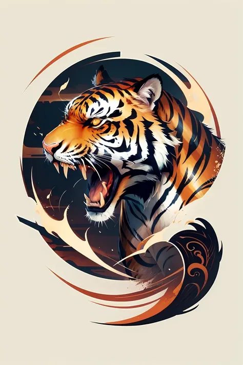 calligraphy style, a japanese tattoo, a traditional japanese tattoo, masterpiece, high quality, ultra details, ((a raging tiger ...