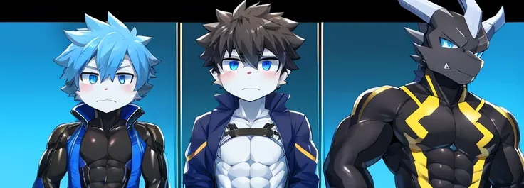 Thin macho　western black dragon　　abs　　　　　Hollow abs　　body suit　　thick arms　　　chest rig　　　、sweaty　　　skin glow　　profile　　Wearily　short of breath　　  　Chemo shota　　
have a 　blue eyes　Tired look jacket