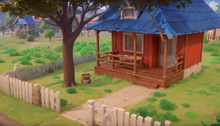 há umthe little house vermelha com telhado azul e uma cerca, 3d stylized scene, game graphics, the little house, citys, renderiz...