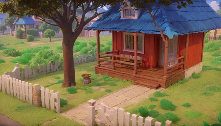 há umthe little house vermelha com telhado azul e uma cerca, 3d stylized scene, game graphics, the little house, citys, renderiz...