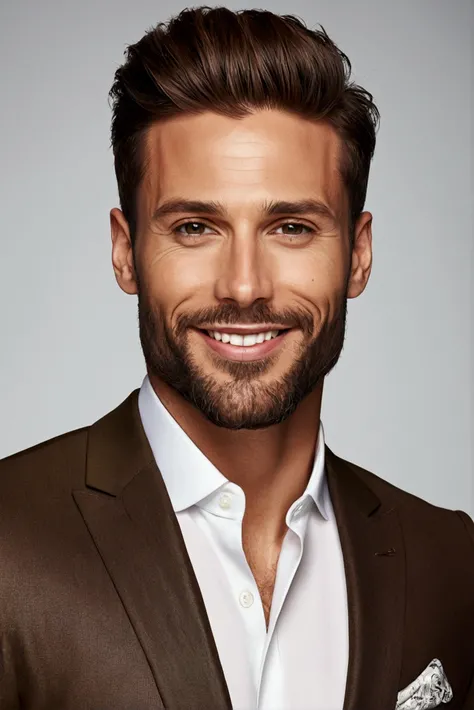 Hyper-realistic portrait of an irresistibly handsome 32-year-old man with a chiseled jawline, perfect symmetry, captivating smile, intense greenish-brown eyes, artfully styled brown quiff, and a neatly trimmed beard, dressed in a bespoke suit, exuding conf...