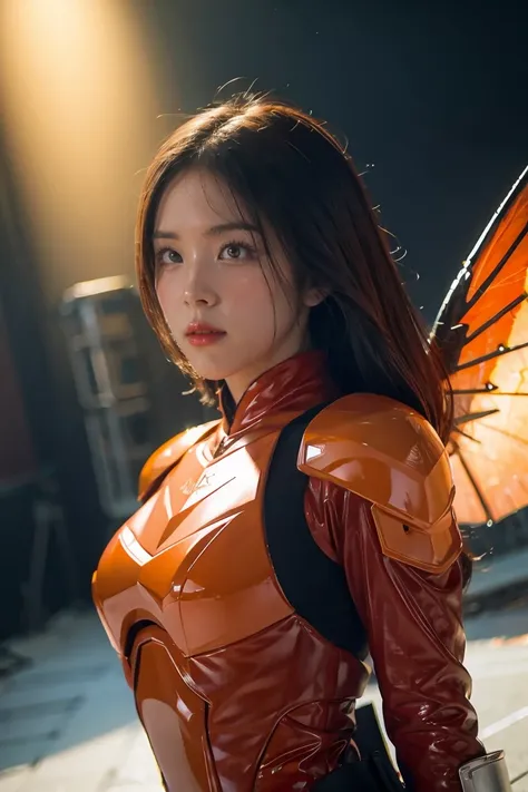 1girl, Absurd resolution, high resolution, (masterpiece: 1.4), hyper-detail, a mech, red armor with red cybermetic wings, floating flight in the sky (1.8) background is wild, fire, full bodysuit,