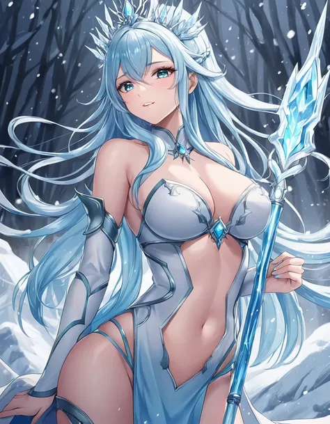 sexy asian woman, big , long hair, light blue hair, ice queen warrior, sexy, frozen environment,