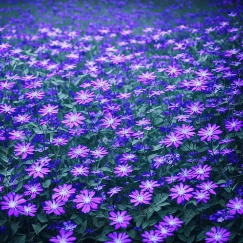 purple flowers in the dark, dark purple blue tones, blue and purple, vibrant but dreary blue, purple and blue, dark flowers, blue and violet, night sky full of flowers, blue flowers, moody beautiful colors, blue flowers bloomed all over, blue and purple pl...