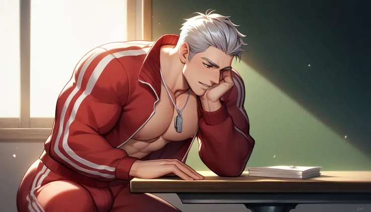 best quality, masterpiece, extremely detailed, handsome muscular bodybuilder man, bends forward with forearms leaning on table in empty classroom, opened red tracksuit jacket, exposed chest, silver track whistle on a necklace, red tracksuit pants pulled do...