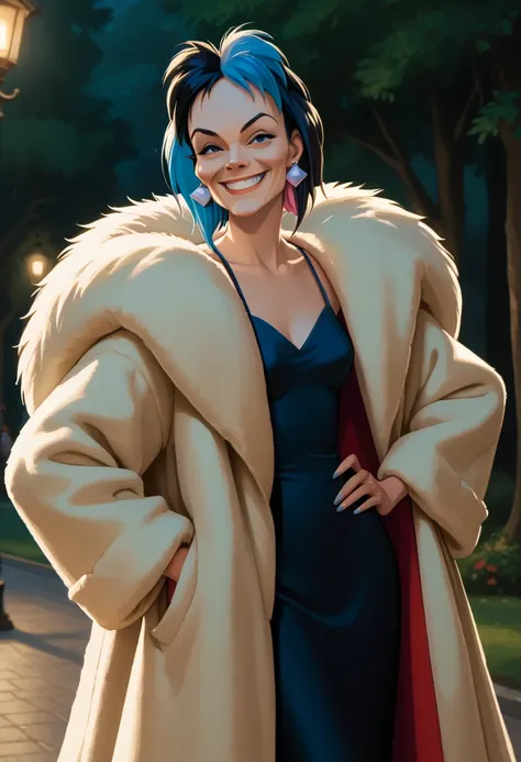 score_9, score_8, score_9, BREAK, cruella, multicolored hair, dress, fur coat, earrings, smirk, outdoors, natural lighting