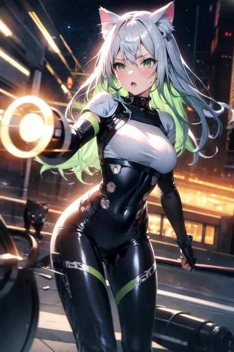 A silver-haired beautiful girl with cat ears eyes are green hair is silver and long clothes: a form-fitting black combat suit The fist is an afterimage The background is a city at night her is in a cat-like fighting pose The year is 14 years monitor, Dark ...