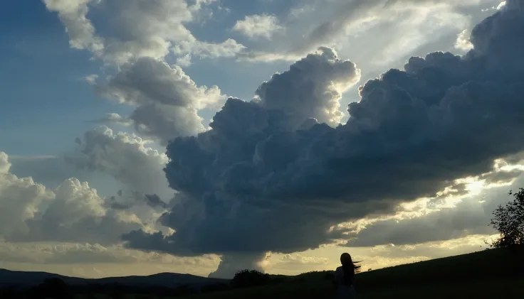 A beautyfull girl like a najarro native american there is a large cloud that is in the sky over a field, with dramatic sky, moody sky, mostly cloudy sky, crepuscular!!, happy clouds behind, clouded sky, moody cloudy sky, glistening clouds in background, at...