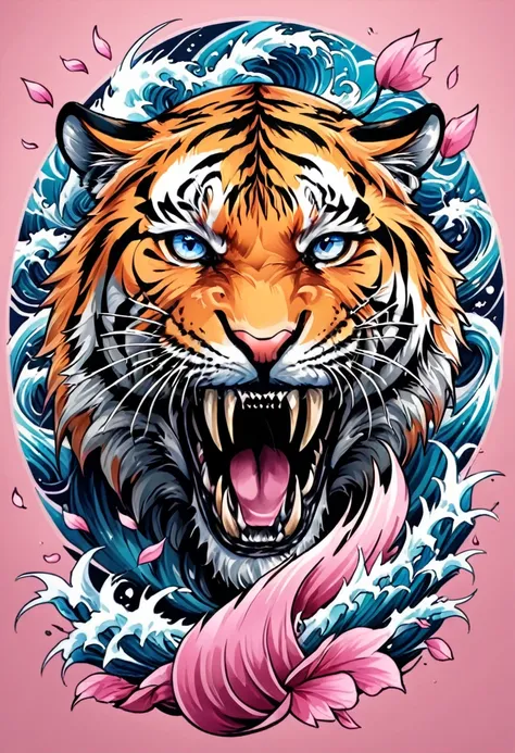 traditional japanese tattoo design, realistic tattoo art of orange tiger with (((blue eyes))) with pink sakura petal effect ,he ...