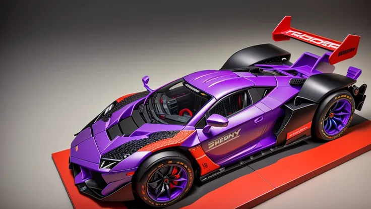 there is a toy car that is purple and has red wheels, taken with sony alpha 9, intricate detailed racing car, detailed wide plan, highly detailed toy, vista frontal superior lateral, cinematic front shot, shot close to the body, full sheet front view, eva ...