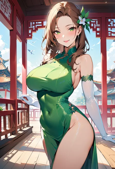 1 Girl, Long hair, forehead, Slicked-back hair, Hammerhead, Flower Hair Accessories, Brown hair, Green Eyes, Pink lips, Smile, dress without sleeve, Green Dress, White Elbow Gloves, 20 years old, Large Breasts, Chinese Palace, best quality, masterpiece