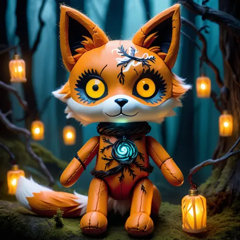 (knitted toy voodoo doll:1.7), (Voodoo Spectral Fox:1.3), (Clothing: ghostly fur with glowing white eyes:1.0), (Accessories: enchanted ethereal tail, glowing lantern, mystical shadowy fog:1.2), (background: misty forest with floating, glowing will-o-the-wi...