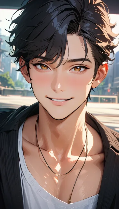 20 years old ,masterpiece , modern, Verism, masterpiece, textured skin, super detail, best quality, 4K , A handsome man, black hair, short hair, light smile, happy
