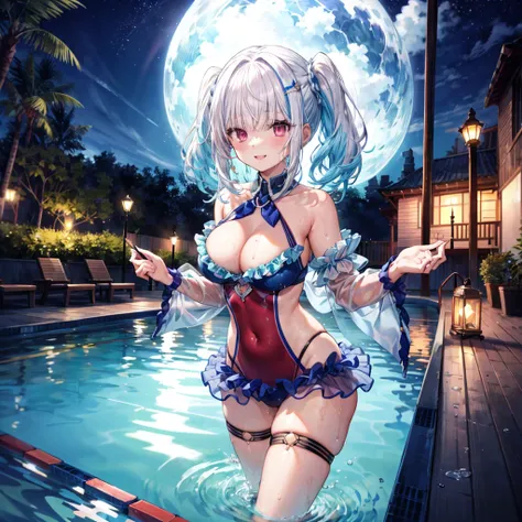 ((Highest quality)), ((masterpiece)), ((detailed)), a very sexy character from a visual novel with big breasts dressed in a blue 比基尼, 1girl, pool, is, 独奏, swimsuit, breasts, 比基尼, pool ladder, pink eyes, blue hair, thigh strap, star in eye, symbol in eye, l...