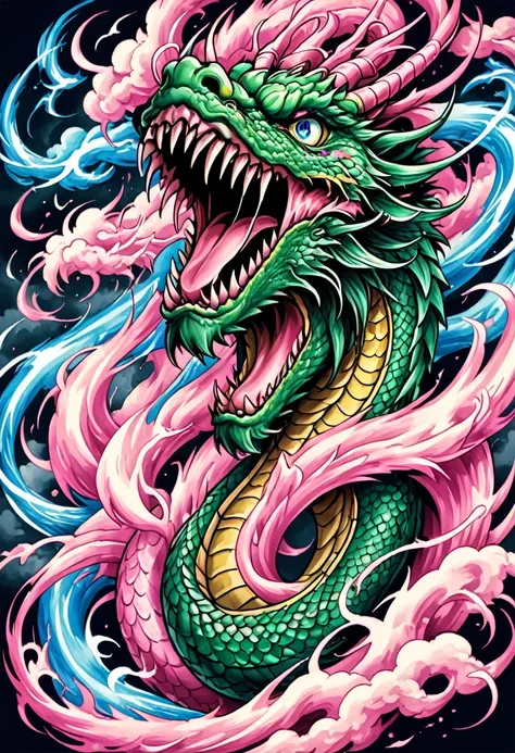 Traditional Japanese tattoo design, realistic tattoo art of green Chinese dragon with (((Blue eyes))) with pink thunder effect ,he is with open mouth looking very fierce and angry, the background is Japanese cloud tattoo, (Unity 16K Wallpaper, masterpiece,...