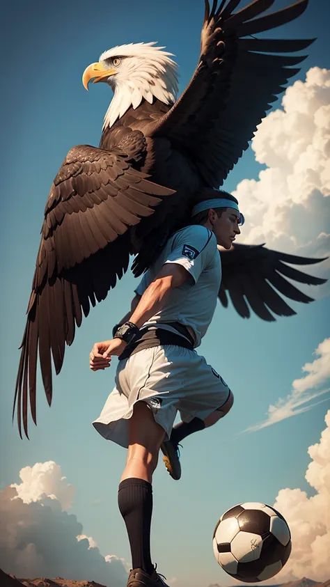 A Man. Eagle head. Two wings. Playing soccer above the sky.