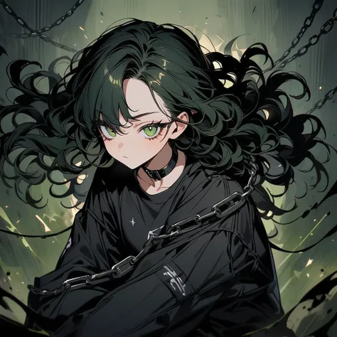 (well done:1) woman, long black curly hair, gray left eye, dark green right eye, black choker, black sweatshirt with white detai...