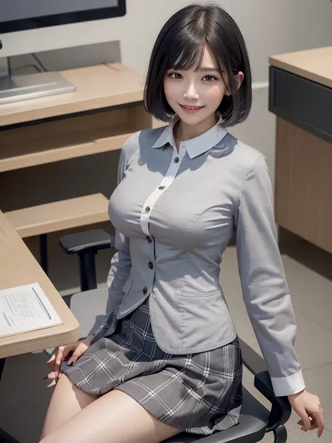 Highest quality、masterpiece、8k、Very detailed、Realistic、(One girl)、(Looking at me with a smile:1.5)、whole body、(Black Hair)、Short Hair、Small face、(Slender:1.2)、(Big Breasts:1.2)、(White business shirt with buttons and a collar:1.2)、(short tight skirt in gray...