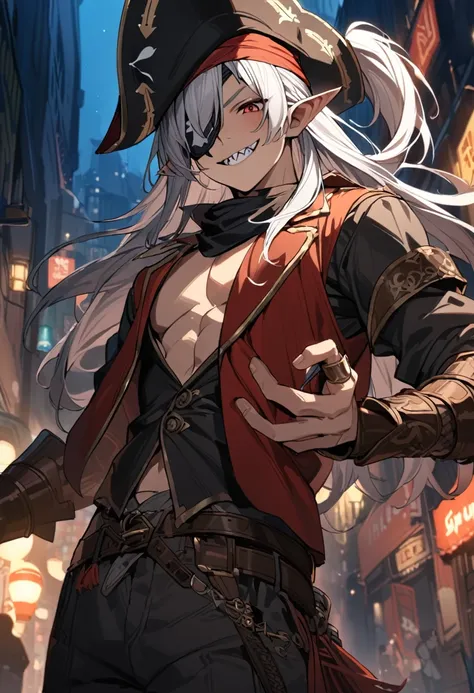 Boy, white hair, long straight hair, red eyes, wild smile, sharp teeth, pointed ears, fair skin, pirate outfit, Tricorn hat, bandana, eye patch, leather bracers, belt with large buckle, daggers, gold rings, red tribal tattoos, red facial tattoo, night on t...