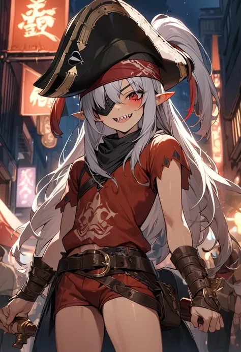 Boy, white hair, long straight hair, red eyes, wild smile, sharp teeth, pointed ears, fair skin, pirate outfit, Tricorn hat, bandana, eye patch, leather bracers, belt with large buckle, daggers, gold rings, red tribal tattoos, red facial tattoo, night on t...