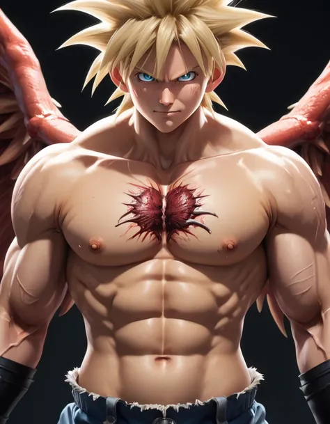 Full body image "(Highest quality, 8k, ultra-detailed, Realistic:1.2), Portraiture,, Muscular, Calm, Fearless smile, detailed, Blonde, strict, Intimidating, Powerful, Show off his strength", Brainwashed and possessed by a demon,Controlled by an evil heart,...