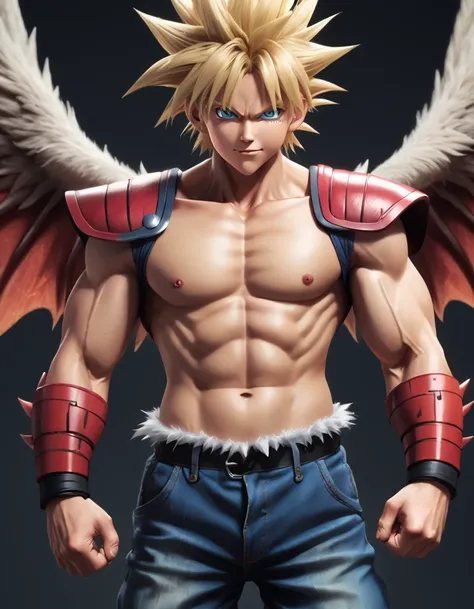 Full body image "(Highest quality, 8k, ultra-detailed, Realistic:1.2), Portraiture,, Muscular, Calm, Fearless smile, detailed, Blonde, strict, Intimidating, Powerful, Show off his strength", Brainwashed and possessed by a demon,Controlled by an evil heart,...