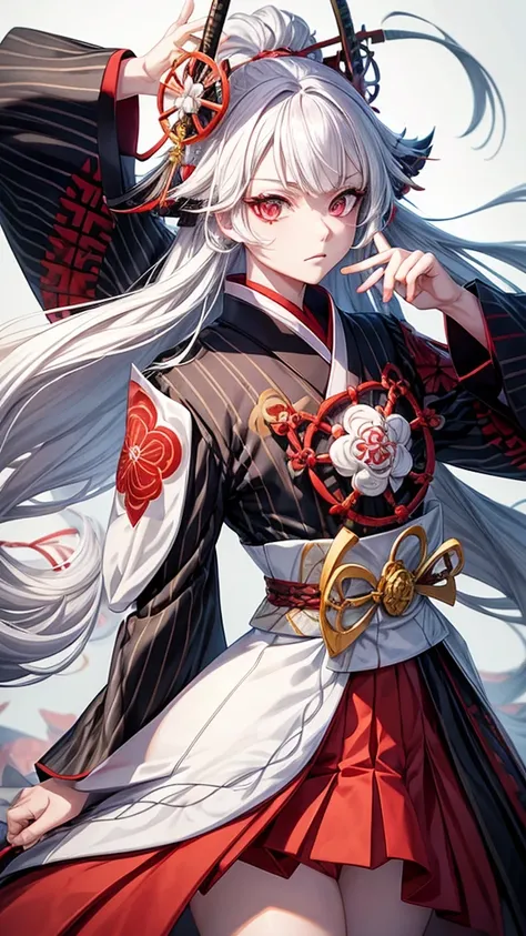 Make me an anime character with white hair and dress in a kimetsu no yaiba with a black and red haori,white skin with a combined katana ,that the character is a man 