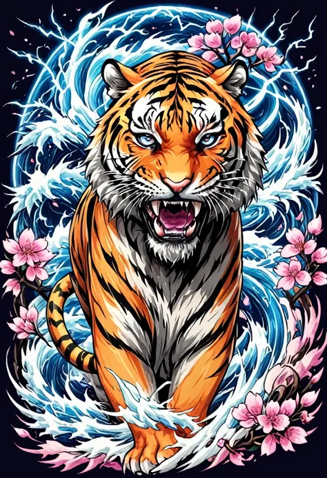 1 tiger, traditional japanese tattoo design, realistic tattoo art of orange tiger with (((blue eyes with thunder effect))) with ...